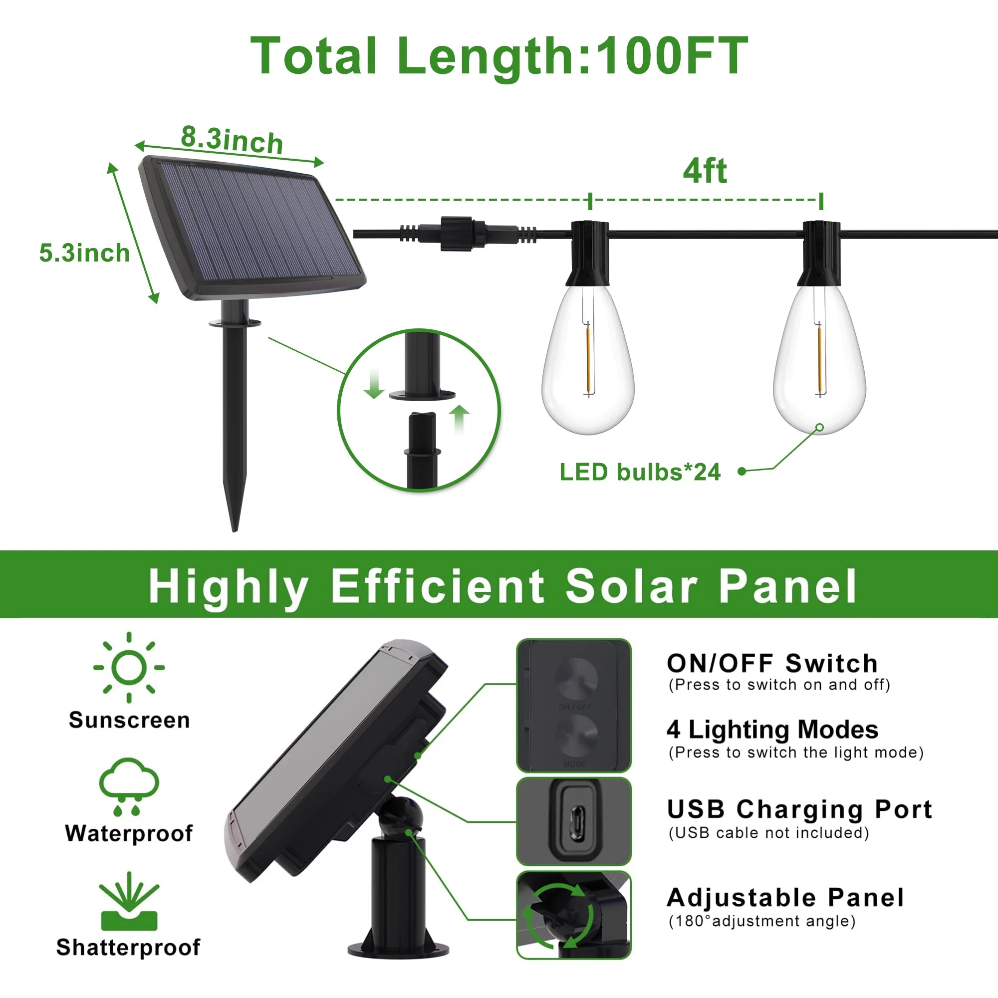 Solar Outdoor String Lights, 100Ft S14 LED Patio Lights with 24 Bulbs, Waterproof String Lights for Backyard