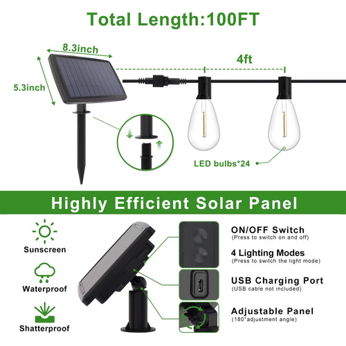 Solar Outdoor String Lights, 100Ft S14 LED Patio Lights with 24 Bulbs, Waterproof String Lights for Backyard