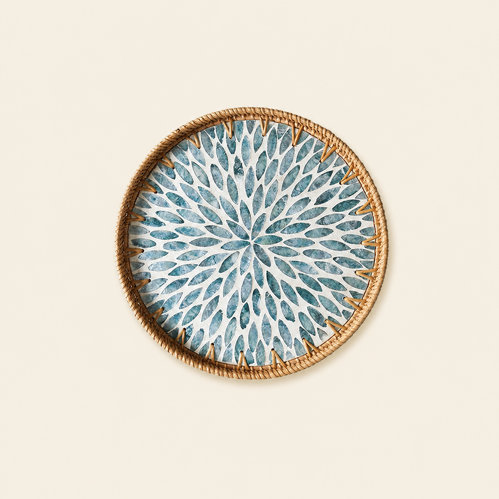 Round Rattan Tray with Mother-of-Pearl Inlay
