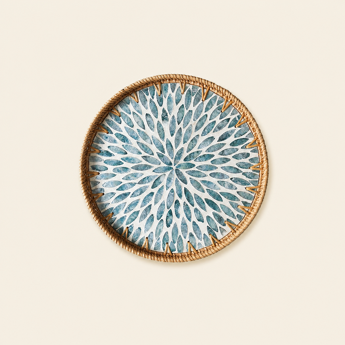 Round Rattan Tray with Mother-of-Pearl Inlay