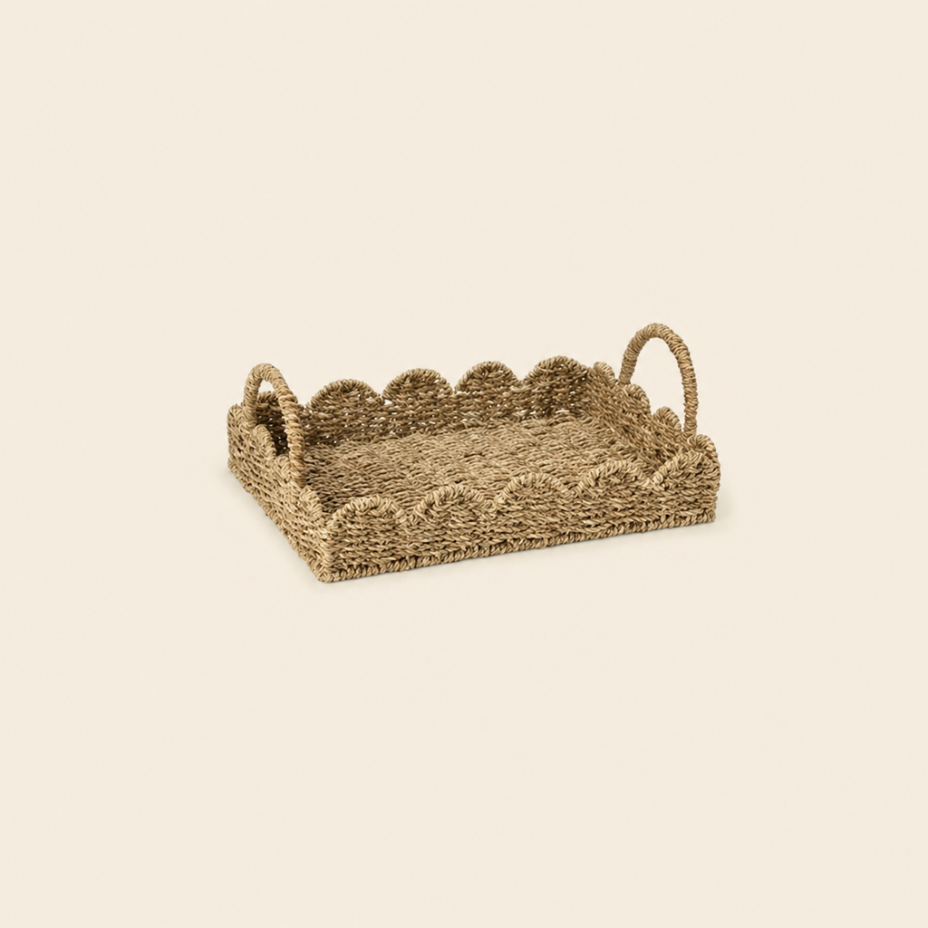 Scalloped Natural Rattan Serving Tray with Foldable Handles