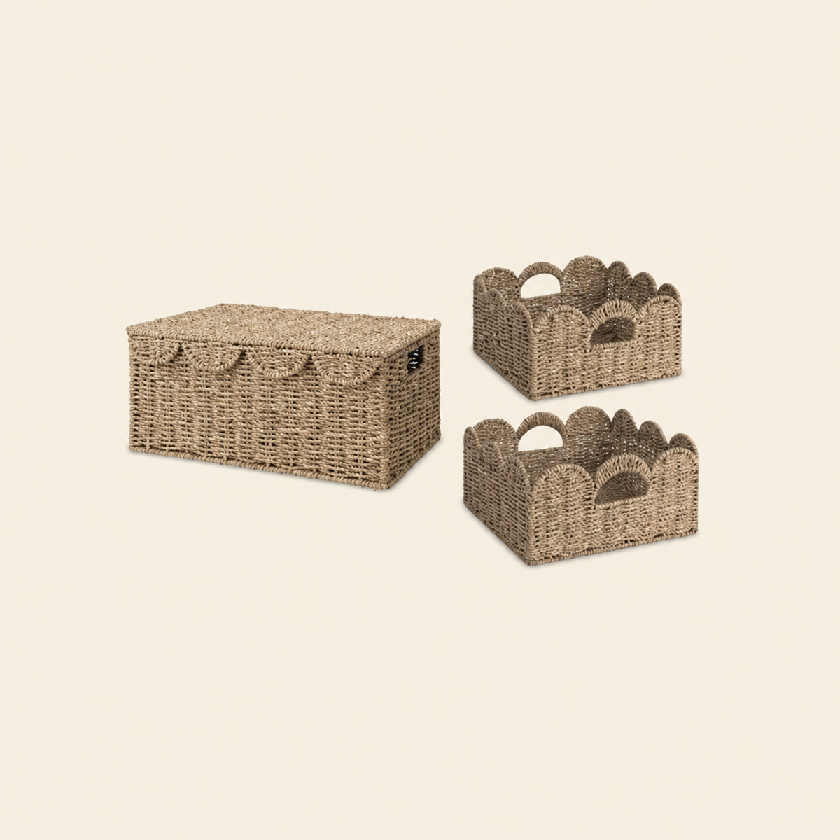 Scalloped Wicker Storage Basket with Lid and Handles