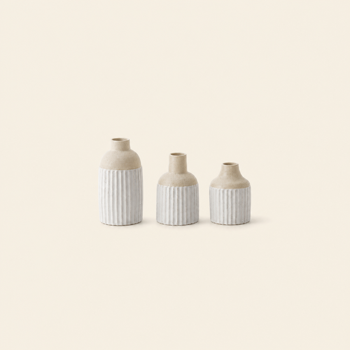 Set of 3 Beige Ribbed Ceramic Bud Vases
