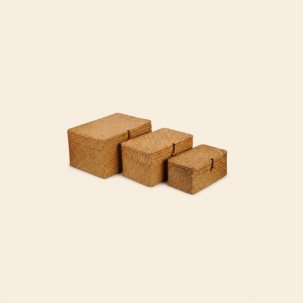 Set of 3 Extra-Large Woven Seagrass Storage Bins with Lids