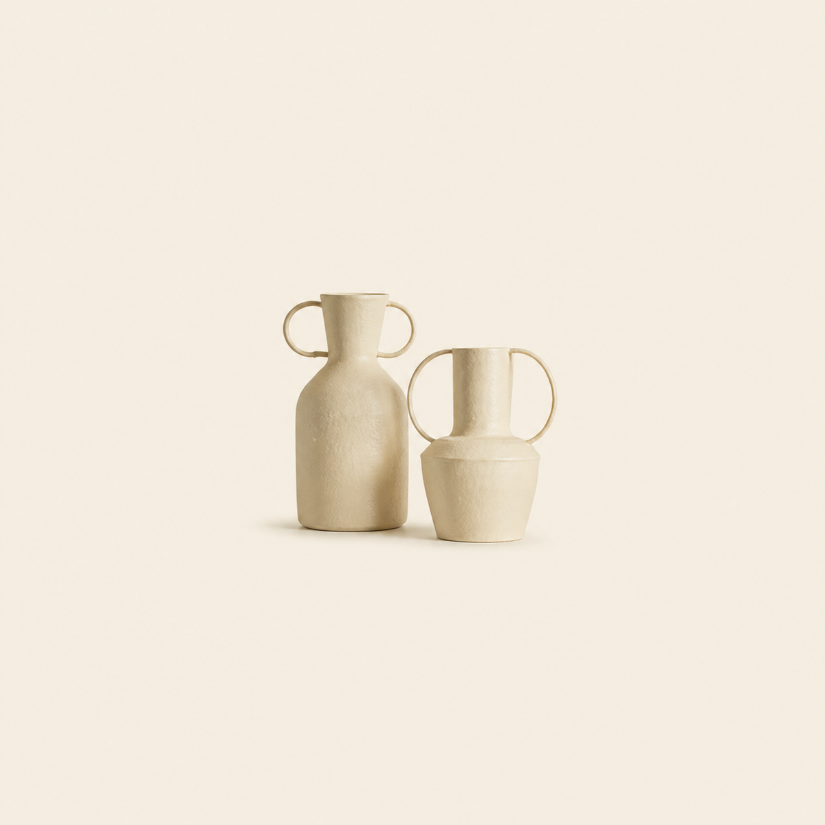 Set of 2 Beige Metal Decorative Vases with Handles