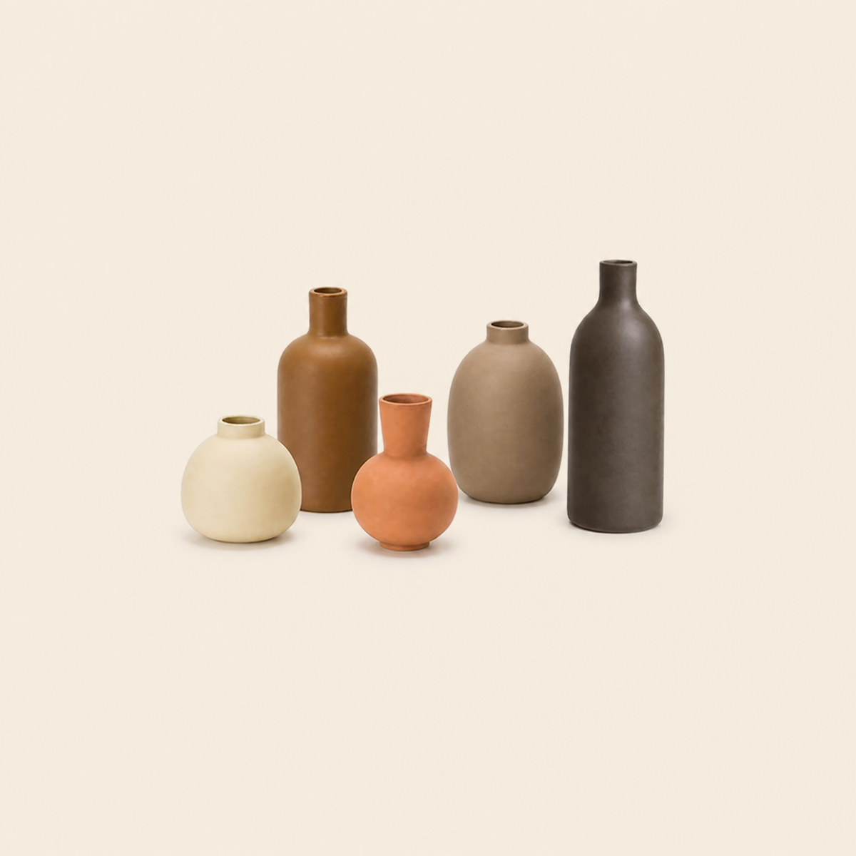 Set of 5 Matte Earth-Tone Ceramic Vases