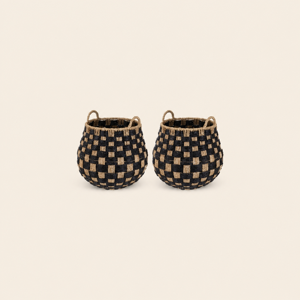 Set of 2 Black and Natural Seagrass Storage Baskets