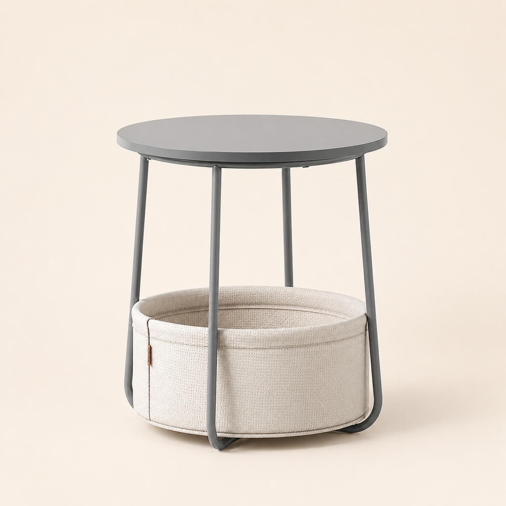 Round Storage Side Table with Fabric Basket, Gray & Cream