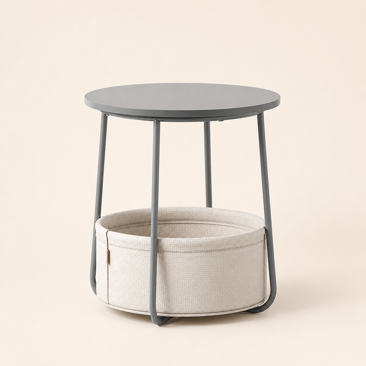 Round Storage Side Table with Fabric Basket, Gray & Cream