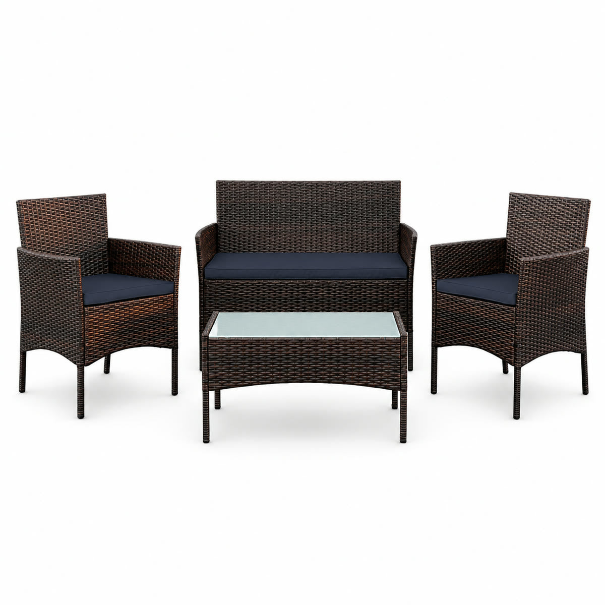 4-Piece Wicker Patio Furniture Set with Navy Cushions
