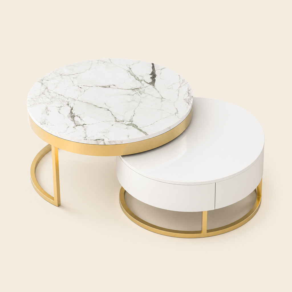 White & Gold Nesting Coffee Tables with Drawers, Set of 2